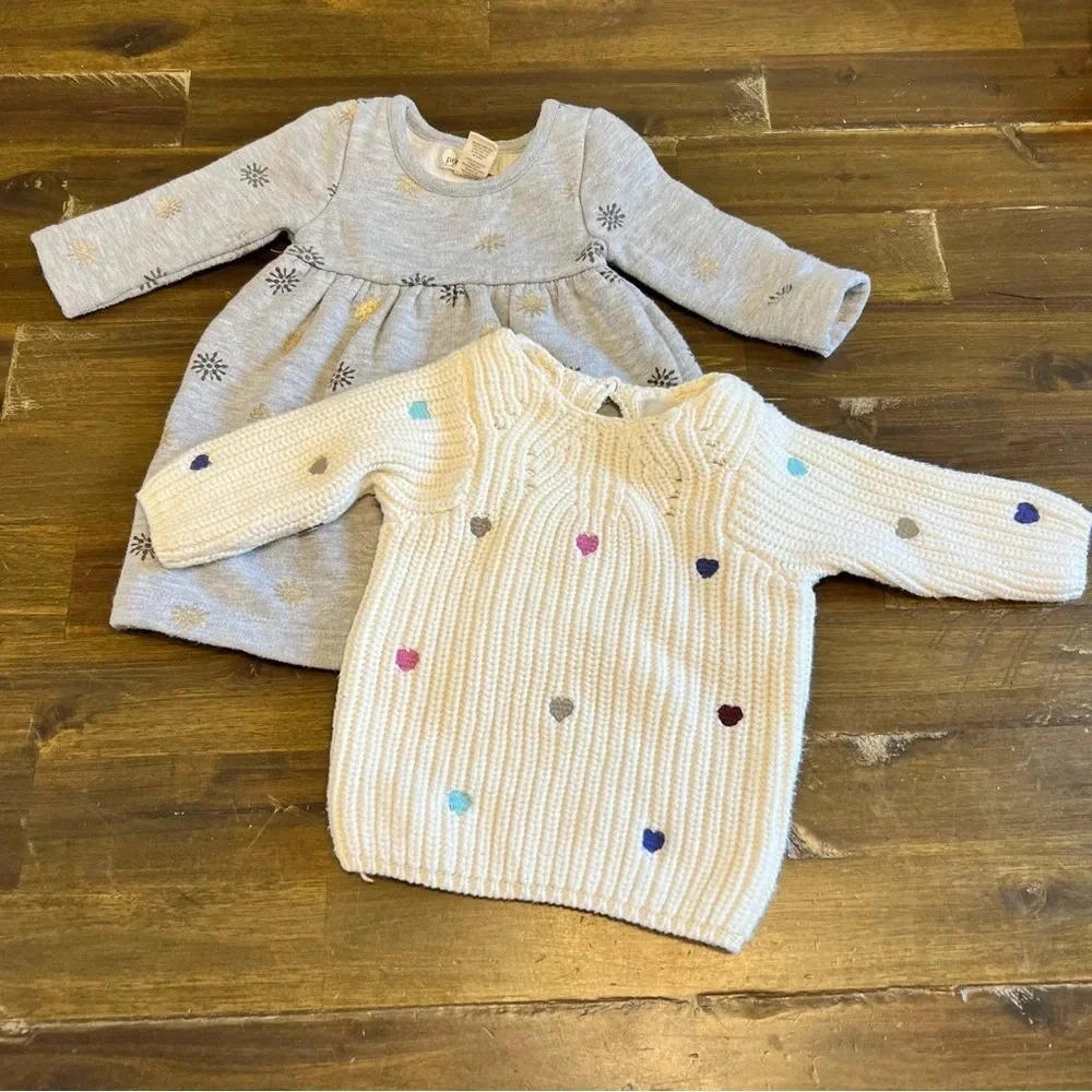 Peek Little Peanut Bundle Heart Knit Sweater Snowflake Dress small XS 3 months
